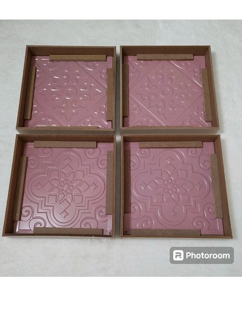Set of 4 Pink White 8x8 Framed Wall Art Metal Tile Square Plaque Coquette Decor
